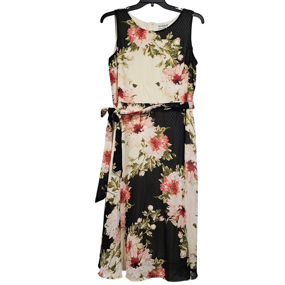 VTG NorthStyle Women14 Floral Print Sleeveless‎ Maxi Dress Belted Midi - Picture 2 of 6